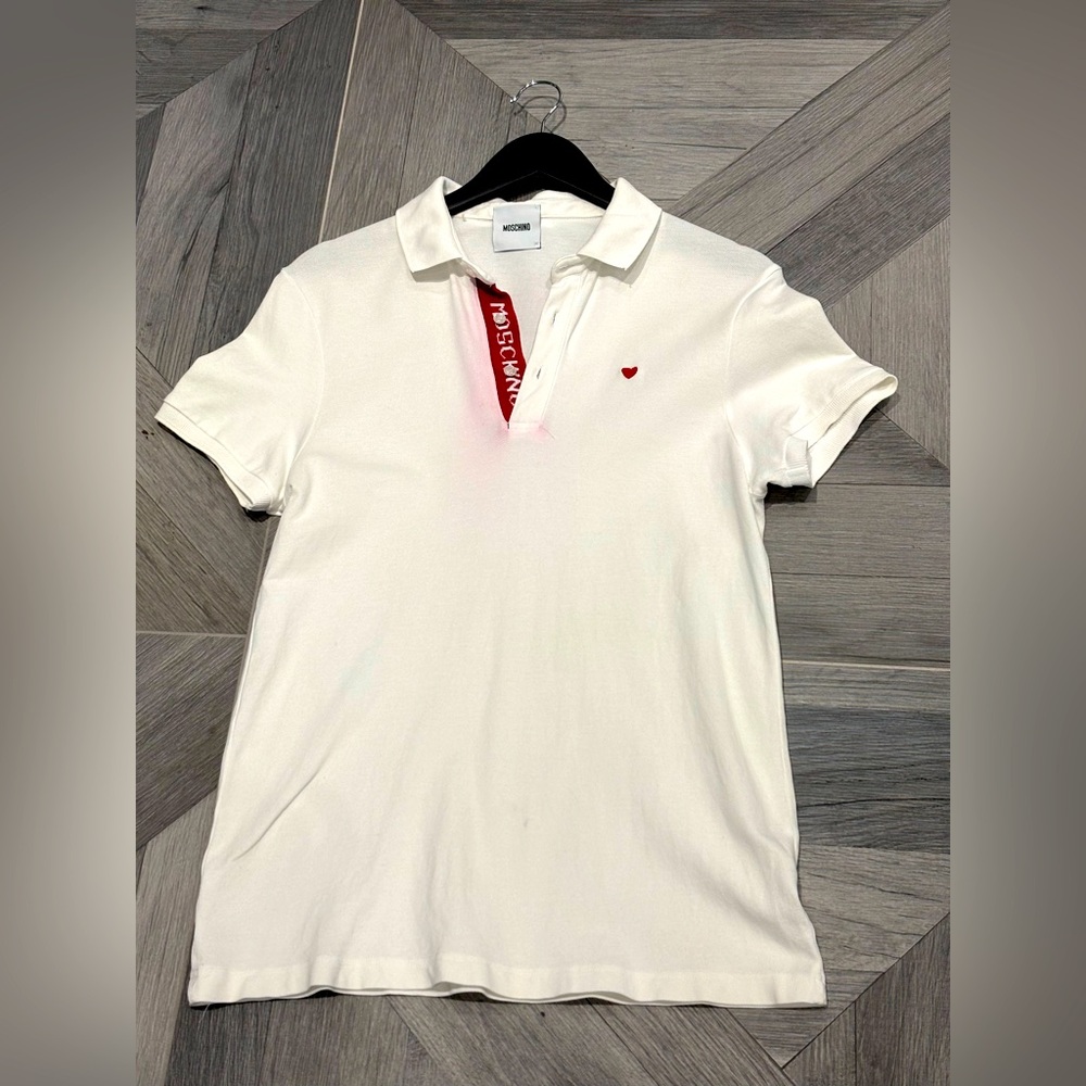 Moschino Italy Heart Embroidered Polo Shirt Men’s M White